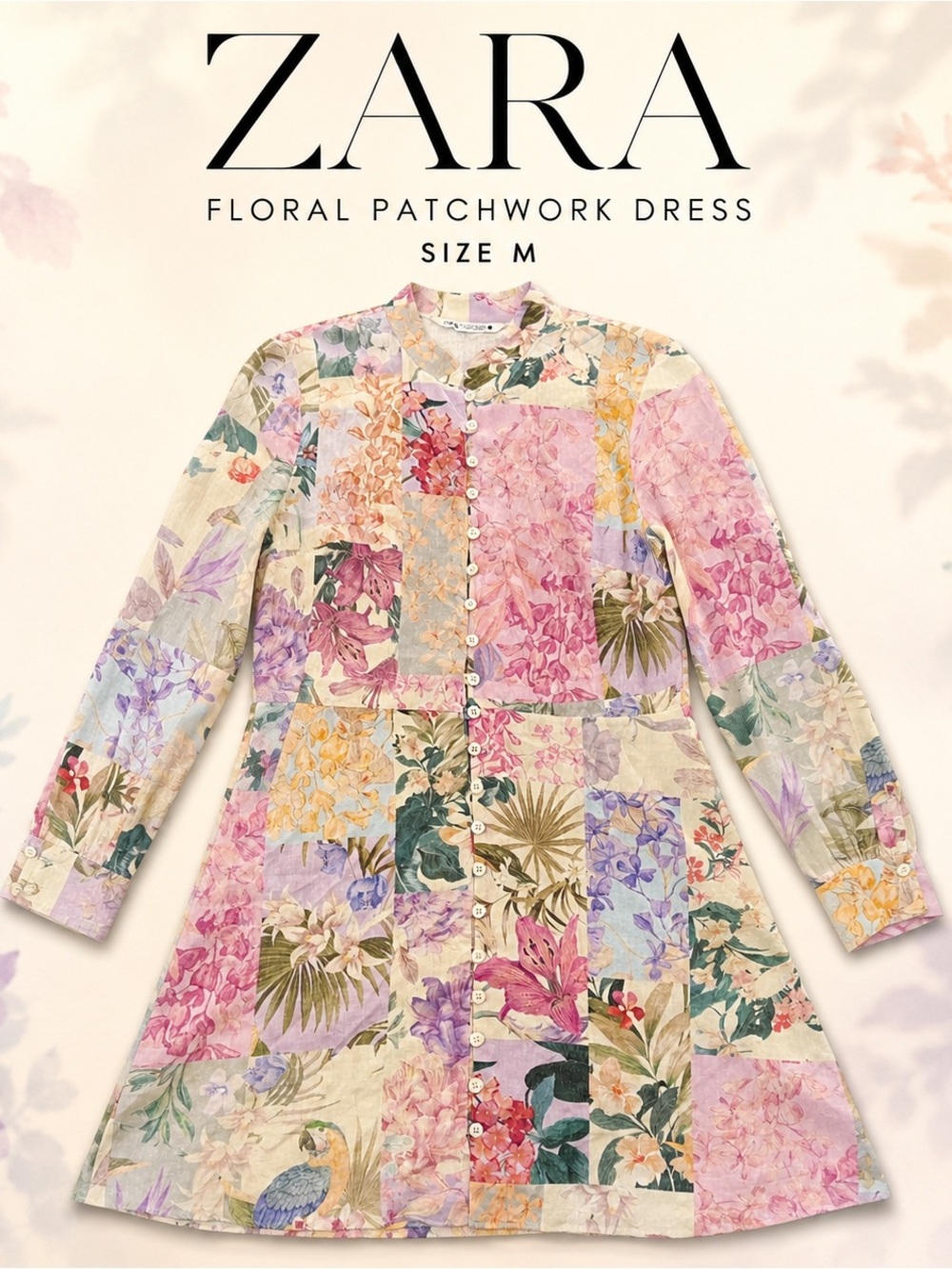 Zara Floral Patchwork Button Front Mini Dress Size M Parrot Print